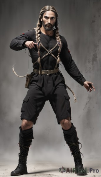 solo,long hair,looking at viewer,brown hair,shirt,long sleeves,1boy,brown eyes,standing,full body,braid,male focus,boots,shorts,belt,pants,grey background,black footwear,black eyes,twin braids,military,black shirt,military uniform,muscular,facial hair,black shorts,black pants,goggles,beard,goggles on head,pouch,mustache,blonde hair,black hair,multicolored hair,scar,knee boots,cross-laced footwear,realistic,lace-up boots,dirty