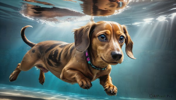 HQ,blue eyes,closed mouth,full body,water,collar,wet,no humans,animal,sunlight,claws,reflection,bubble,dog,light rays,underwater,realistic,air bubble,animal focus,swimming,solo,brown eyes,tail,outdoors,day,ocean,animal collar