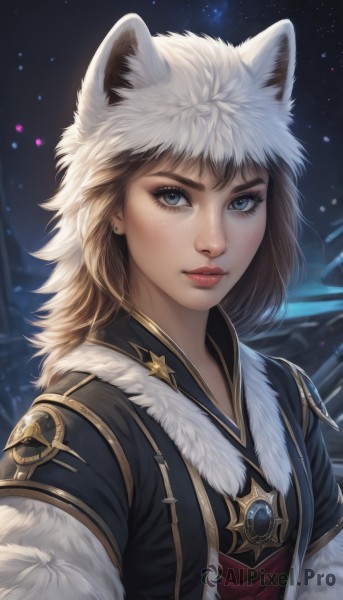 1girl,solo,long hair,looking at viewer,bangs,blue eyes,blonde hair,hat,animal ears,jewelry,upper body,earrings,outdoors,parted lips,sky,artist name,lips,coat,fur trim,eyelashes,makeup,night,brooch,star (sky),night sky,snow,freckles,snowing,realistic,nose,winter clothes,fur hat,short hair,brown hair,signature,hood,watermark,web address,red lips,pelt