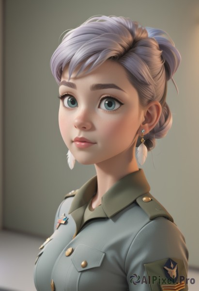 1girl,solo,breasts,looking at viewer,short hair,blue eyes,shirt,jewelry,medium breasts,closed mouth,upper body,braid,grey hair,earrings,collared shirt,artist name,hair bun,blurry,uniform,lips,grey eyes,military,eyelashes,military uniform,buttons,blurry background,single hair bun,thick eyebrows,feathers,freckles,pocket,nose,breast pocket,badge,smile,bangs,brown hair,green eyes,jacket,makeup,watermark,cross,web address,epaulettes,realistic,emblem,military jacket,medal,world war ii