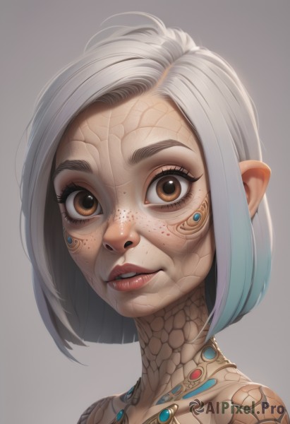 1girl,solo,looking at viewer,short hair,simple background,brown eyes,blue hair,upper body,white hair,grey hair,multicolored hair,parted lips,teeth,grey background,lips,eyelashes,gradient hair,makeup,portrait,freckles,science fiction,realistic,nose,cyborg,white background,jewelry