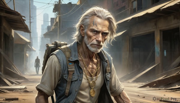 HQ,looking at viewer,blue eyes,shirt,1boy,jewelry,closed mouth,standing,collarbone,jacket,white shirt,upper body,white hair,short sleeves,male focus,outdoors,multiple boys,open clothes,solo focus,day,necklace,bag,vest,open jacket,muscular,facial hair,scar,backpack,muscular male,building,beard,scar on face,pendant,pocket,city,realistic,mustache,scar across eye,manly,old,old man,open vest,sleeveless jacket,denim jacket,solo,short hair,green eyes,sky,signature,lips,sunlight,thick eyebrows,pectorals,sleeves rolled up,nose,unbuttoned,silhouette