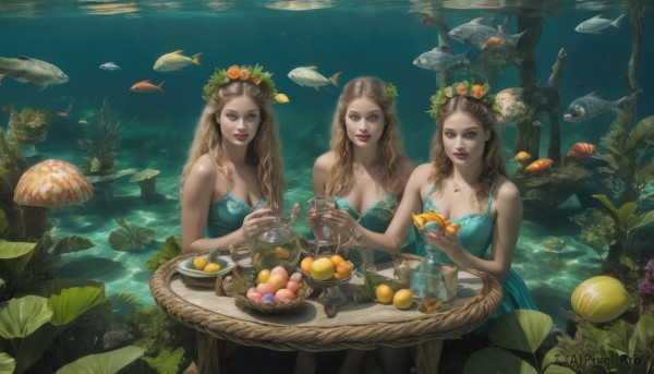 long hair,breasts,looking at viewer,smile,blue eyes,multiple girls,blonde hair,brown hair,hair ornament,dress,holding,cleavage,bare shoulders,brown eyes,jewelry,medium breasts,sitting,collarbone,braid,flower,parted lips,food,sleeveless,hair flower,3girls,water,necklace,tree,cup,lips,strapless,makeup,fruit,sleeveless dress,blue dress,siblings,animal,leaf,wavy hair,chair,table,bottle,plant,nature,strapless dress,plate,drinking glass,fish,bubble,green dress,underwater,drink,fork,basket,spaghetti strap,glass,head wreath,mushroom,egg,orange (fruit),lemon,lily pad,tablecloth,large breasts,teeth,artist name,nail polish,mole,bracelet,knife,lipstick,holding cup,bowl,spoon,fantasy,red lips,cherry,grapes,pouring,orange flower,aqua dress,lemon slice,coral,orange slice,aquarium