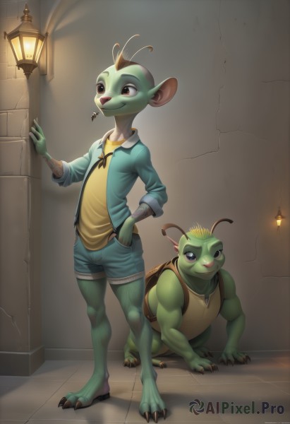 smile,open mouth,shirt,1boy,jewelry,standing,jacket,full body,male focus,multiple boys,shorts,artist name,signature,2boys,bag,black eyes,colored skin,watermark,backpack,claws,furry,blue shorts,hand in pocket,yellow shirt,antennae,tiles,lamp,furry male,green skin,looking at viewer,animal ears,brown eyes,closed mouth,open clothes,necklace,open jacket,no humans,tattoo,web address,hands in pockets,lamppost