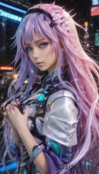 1girl,solo,long hair,looking at viewer,bangs,blue eyes,hair ornament,jewelry,very long hair,closed mouth,upper body,pink hair,purple hair,flower,short sleeves,hairband,outdoors,puffy sleeves,artist name,hair flower,blurry,from side,lips,ring,rain,city,realistic,nose,hands on own chest,multicolored hair,nail polish,bracelet,fingernails,eyelashes,makeup,night,depth of field,blurry background,expressionless,own hands together,black hairband,building,light purple hair,science fiction,pink lips,city lights,cyberpunk,neon lights