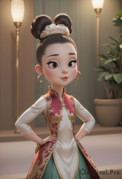 1girl,solo,looking at viewer,blush,smile,skirt,brown hair,black hair,hair ornament,long sleeves,dress,brown eyes,jewelry,closed mouth,standing,white shirt,cowboy shot,earrings,indoors,hair bun,blurry,bracelet,lips,depth of field,blurry background,chinese clothes,single hair bun,plant,curtains,green skirt,child,china dress,forehead,gold trim,hands on hips,hoop earrings,female child,potted plant,lamp,white dress,flat chest,eyelashes,red dress,multicolored clothes,two-tone dress,multicolored dress