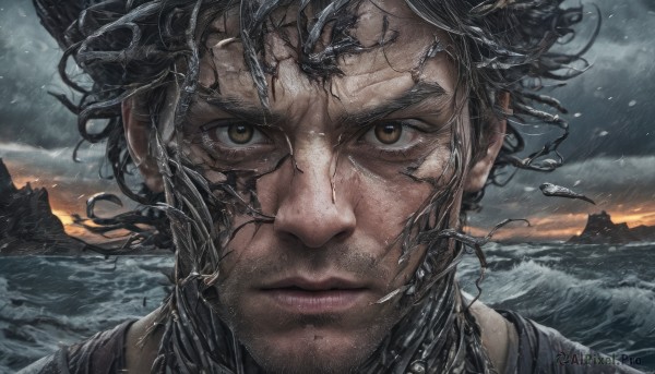 A male portrayed in a vivid rainy outdoors