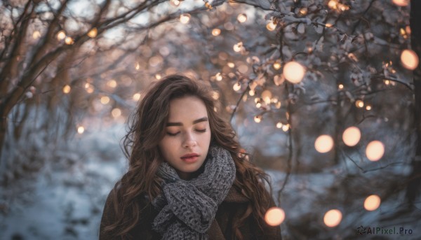 1girl, solo, long hair, brown hair, closed eyes, upper body, outdoors, parted lips, scarf, blurry, tree, lips, snow, realistic