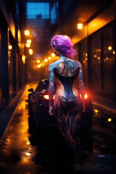 1girl,solo,short hair,bare shoulders,jewelry,standing,pink hair,purple hair,ass,earrings,outdoors,pants,dark skin,from behind,blurry,leotard,dark-skinned female,tattoo,night,back,ground vehicle,motor vehicle,lantern,car,road,arm tattoo,street,cyberpunk,back tattoo,full-body tattoo,jacket,full body,artist name,clothing cutout,window,bodysuit,depth of field,blurry background,watermark,backlighting,reflection,walking,rain,black bodysuit,very short hair,jacket removed,back cutout,neon lights