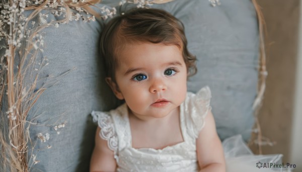 1girl,solo,looking at viewer,short hair,blue eyes,brown hair,dress,closed mouth,upper body,frills,sleeveless,white dress,lips,pillow,sleeveless dress,child,realistic,branch,female child,blurry,tree,expressionless,looking up,bare tree