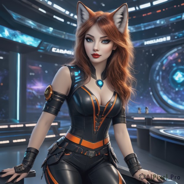 1girl,solo,long hair,breasts,looking at viewer,smile,blue eyes,large breasts,brown hair,animal ears,cleavage,bare shoulders,jewelry,medium breasts,sitting,cowboy shot,sleeveless,belt,pants,artist name,indoors,cat ears,nail polish,mole,lips,fox ears,bodysuit,makeup,black pants,lipstick,black nails,freckles,science fiction,red lips,bangs,shirt,gloves,closed mouth,red hair,black gloves,shiny,fingerless gloves,necklace,blurry,fingernails,parted bangs,black shirt,arm support,watermark,wolf ears,light smile,fox girl,bridal gauntlets,skin tight,web address,buckle,pendant,backlighting,realistic,black bodysuit,tight,tight pants,leather pants