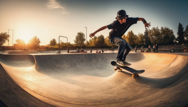 solo,shirt,black hair,1boy,hat,short sleeves,male focus,outdoors,multiple boys,sky,shoes,solo focus,pants,cloud,tree,black shirt,black headwear,denim,t-shirt,sneakers,baseball cap,6+boys,sunset,jeans,bridge,lamppost,people,skateboard,water,facial hair,helmet,scenery,running,watch,road,watercraft,crowd,boat