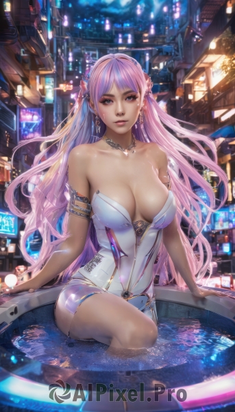 1girl,solo,long hair,breasts,looking at viewer,bangs,blue eyes,large breasts,hair ornament,cleavage,bare shoulders,jewelry,sitting,very long hair,purple eyes,collarbone,pink hair,braid,earrings,parted lips,sky,water,necklace,lips,wet,strapless,night,arm support,building,armlet,zipper,city,realistic,nose,center opening,pool,cityscape,skyscraper,medium breasts,outdoors,artist name,nail polish,leotard,watermark,partially submerged,strapless leotard,science fiction,lights,neon lights