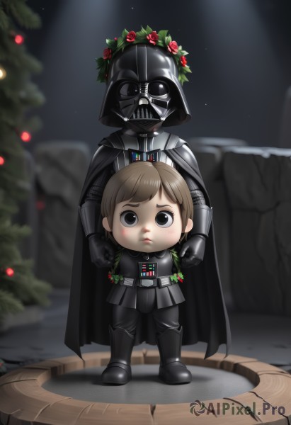 1girl,looking at viewer,short hair,brown hair,gloves,1boy,closed mouth,standing,full body,flower,boots,belt,chibi,cape,black footwear,armor,blurry,black eyes,mask,night,blurry background,parody,black pants,helmet,christmas,height difference,black cape,animification,christmas tree,christmas ornaments,wreath,holly,black gloves,uniform,grey eyes,crossover,child,cloak,science fiction,lightsaber