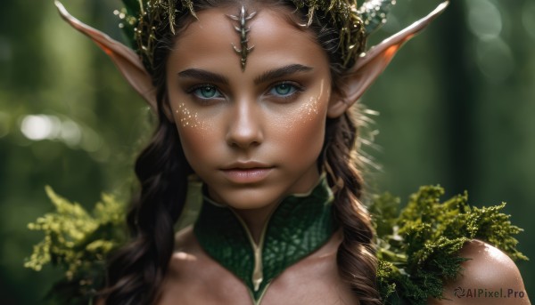 1girl,solo,long hair,looking at viewer,blue eyes,brown hair,hair ornament,bare shoulders,closed mouth,green eyes,braid,pointy ears,blurry,twin braids,lips,depth of field,blurry background,plant,elf,portrait,freckles,circlet,realistic,nose,black hair,upper body,eyelashes,detached collar,leaf,sunlight,nature,close-up,forest,bokeh