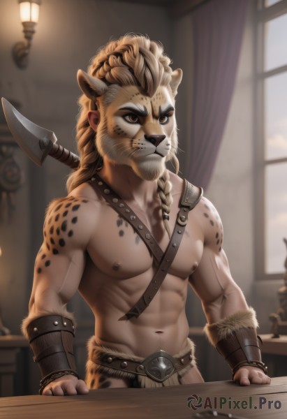 solo,long hair,blonde hair,1boy,navel,animal ears,brown eyes,closed mouth,nipples,weapon,braid,male focus,belt,artist name,indoors,stomach,armor,blurry,window,single braid,muscular,blurry background,abs,table,pectorals,muscular male,polearm,bara,furry,topless male,bracer,furry male,axe,body fur,loincloth,snout,brown hair,watermark,web address,spear,realistic,lamp,manly,lion