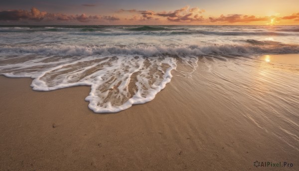 outdoors, sky, cloud, water, no humans, ocean, beach, scenery, sunset, sand, sun, horizon, waves, shore, orange sky