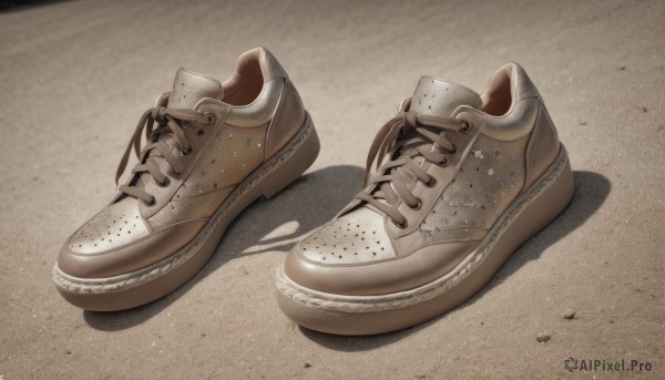 shoes,no humans,shadow,sneakers,realistic,sand,still life,nike,shoelaces,shiny,star (symbol),brown footwear