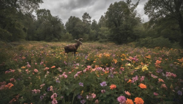 flower, outdoors, sky, day, cloud, tree, no humans, animal, cloudy sky, grass, nature, scenery, forest, purple flower, field, horse, flower field, orange flower, deer