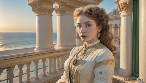 1girl,solo,long hair,breasts,looking at viewer,brown hair,shirt,long sleeves,brown eyes,jewelry,upper body,earrings,outdoors,parted lips,sky,day,water,necklace,blurry,vest,lips,makeup,blurry background,ocean,wavy hair,sunlight,brooch,gem,scenery,curly hair,railing,red lips,pillar,green gemstone,balcony,column,dress,medium breasts,closed mouth,white dress,blue sky,pendant,backlighting,sunset,realistic,nose,horizon