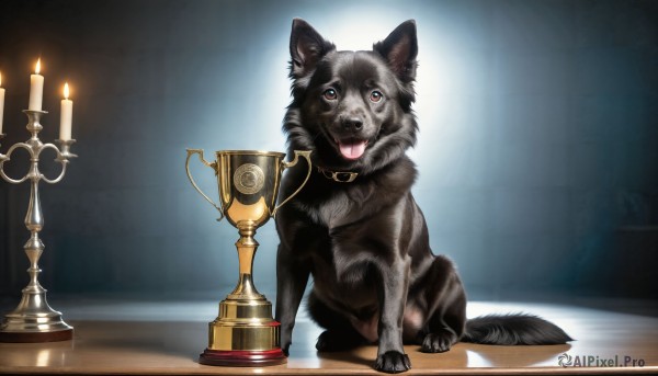 HQ,solo,looking at viewer,full body,tongue,indoors,tongue out,collar,book,no humans,animal,cat,dog,realistic,candle,animal focus,candlestand,open mouth,brown eyes,shadow,fangs,chess piece