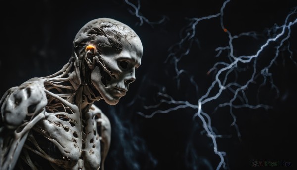 solo,1boy,upper body,male focus,tree,glowing,smoke,science fiction,realistic,branch,bald,cyborg,skeleton,alien,simple background,closed mouth,from side,no humans,black background,skull,electricity,lightning