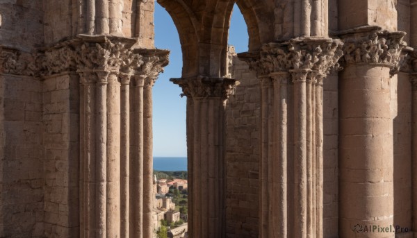 outdoors,sky,day,cloud,water,tree,blue sky,dutch angle,no humans,ocean,sunlight,building,scenery,horizon,ruins,pillar,arch,column,plant,architecture