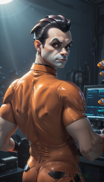 solo,looking at viewer,short hair,black hair,gloves,1boy,brown eyes,closed mouth,ass,male focus,teeth,shiny,looking back,artist name,from behind,orange eyes,bodysuit,muscular,facial hair,back,muscular male,bara,skin tight,shiny clothes,black bodysuit,computer,undercut,monitor,latex,orange bodysuit,standing,short sleeves,indoors,fish,science fiction,realistic,orange shirt