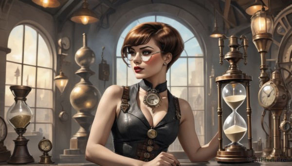 1girl,solo,breasts,short hair,bangs,large breasts,brown hair,cleavage,bare shoulders,brown eyes,jewelry,medium breasts,collarbone,upper body,earrings,parted lips,sky,glasses,sleeveless,choker,day,shiny,belt,cloud,indoors,necklace,mole,vest,lips,looking to the side,bare arms,eyelashes,window,makeup,buttons,swept bangs,black choker,looking away,table,bottle,lipstick,corset,buckle,pendant,watch,nose,round eyewear,clock,red lips,stud earrings,leather,rimless eyewear,mascara,roman numeral,light bulb,brown-framed eyewear,steampunk,perfume bottle,gears