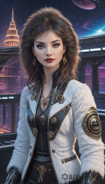 1girl,solo,long hair,breasts,looking at viewer,brown hair,cleavage,brown eyes,jewelry,medium breasts,standing,jacket,earrings,open clothes,sky,belt,pants,necklace,lips,coat,grey eyes,fur trim,makeup,night,buttons,lipstick,gauntlets,building,star (sky),night sky,buckle,pendant,eyeshadow,starry sky,realistic,nose,white coat,red lips,shooting star,fur coat,bangs,shirt,long sleeves,upper body,open jacket,eyelashes,black pants,white jacket,backlighting,science fiction,space,badge