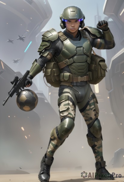 solo,gloves,1boy,standing,full body,weapon,male focus,boots,dark skin,fingerless gloves,armor,uniform,lips,gun,military,no humans,military uniform,helmet,shoulder armor,clenched hand,holding gun,rifle,ball,science fiction,realistic,aircraft,airplane,assault rifle,knee pads,camouflage,soldier,jet,dust,fighter jet,helicopter,body armor,1girl,short hair,holding,purple eyes,bag,holding weapon,glowing,pauldrons,pouch,military vehicle,trigger discipline,elbow pads,soccer ball,camouflage pants