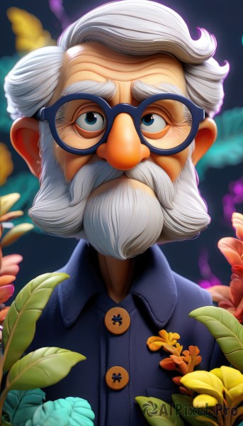 solo,looking at viewer,blue eyes,shirt,1boy,upper body,flower,white hair,grey hair,male focus,glasses,collared shirt,artist name,blurry,buttons,facial hair,blue shirt,portrait,beard,black-framed eyewear,yellow flower,mustache,old,old man,wrinkled skin,eyelashes,blurry background,leaf,thick eyebrows,wing collar