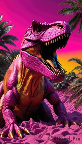 solo,open mouth,tail,outdoors,sky,teeth,tongue,tree,no humans,fangs,sharp teeth,claws,sunset,monster,rock,realistic,sand,palm tree,scales,dinosaur,kaijuu,yellow eyes,leaf,alien,pink skin,orange sky,pink sky