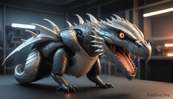 HQ,solo,open mouth,red eyes,tail,full body,yellow eyes,teeth,tongue,indoors,blurry,orange eyes,pokemon (creature),no humans,blurry background,fangs,sharp teeth,slit pupils,claws,colored sclera,monster,scales,dinosaur,kaijuu,looking at viewer,standing,realistic,black sclera,alien