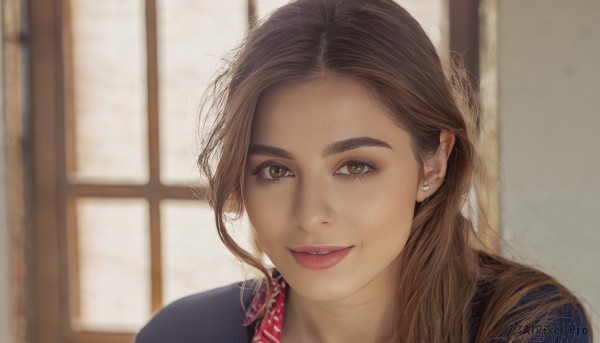 1girl,solo,long hair,looking at viewer,smile,brown hair,brown eyes,jewelry,earrings,parted lips,teeth,indoors,blurry,lips,eyelashes,window,blurry background,portrait,realistic,nose,sliding doors,shirt,thick eyebrows