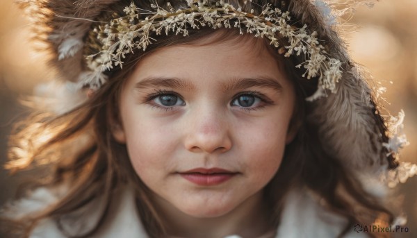 1girl,solo,long hair,looking at viewer,blue eyes,brown hair,hat,closed mouth,blurry,lips,eyelashes,depth of field,blurry background,portrait,close-up,freckles,realistic,nose,straw hat,smile,hair ornament,feathers