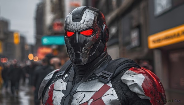 solo,looking at viewer,red eyes,1boy,upper body,male focus,outdoors,armor,blurry,blood,mask,depth of field,blurry background,helmet,building,science fiction,city,police,power armor,glowing,portrait,glowing eyes,sign,cyborg,superhero,tokusatsu