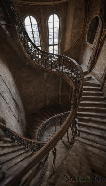 day,indoors,no humans,window,from above,sunlight,scenery,stairs,railing,architecture,pillar,arch,wooden floor