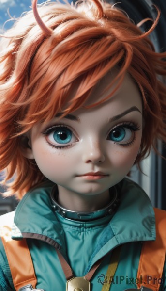 1girl,solo,looking at viewer,short hair,bangs,blue eyes,closed mouth,jacket,upper body,ahoge,red hair,sky,artist name,orange hair,blurry,collar,lips,eyelashes,bodysuit,blurry background,messy hair,portrait,close-up,zipper,freckles,realistic,nose,day,watermark,web address