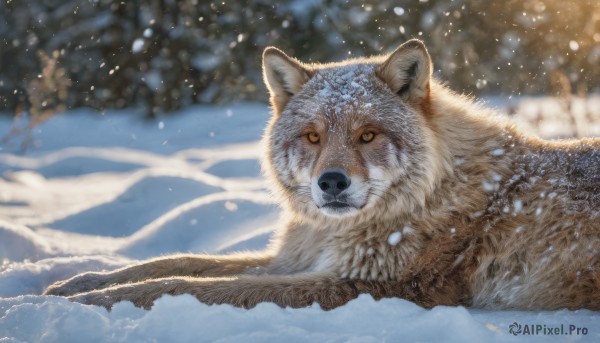 looking at viewer, outdoors, signature, blurry, no humans, animal, snow, snowing, realistic, animal focus, winter