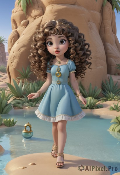 1girl,solo,long hair,looking at viewer,brown hair,dress,brown eyes,jewelry,standing,full body,short sleeves,small breasts,outdoors,parted lips,sky,day,puffy sleeves,dark skin,water,necklace,bracelet,dark-skinned female,tree,blue sky,puffy short sleeves,lips,blue dress,wavy hair,sandals,grass,plant,walking,curly hair,rock,turtle,leaf,watermark,beach,child,sand