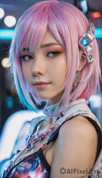 1girl,solo,breasts,looking at viewer,smile,short hair,bangs,blue eyes,hair ornament,cleavage,bare shoulders,jewelry,medium breasts,closed mouth,upper body,pink hair,multicolored hair,earrings,necklace,blurry,lips,grey eyes,eyelashes,makeup,blurry background,gem,eyeshadow,realistic,nose,sleeveless,signature,from side,looking to the side,depth of field,watermark,pink lips