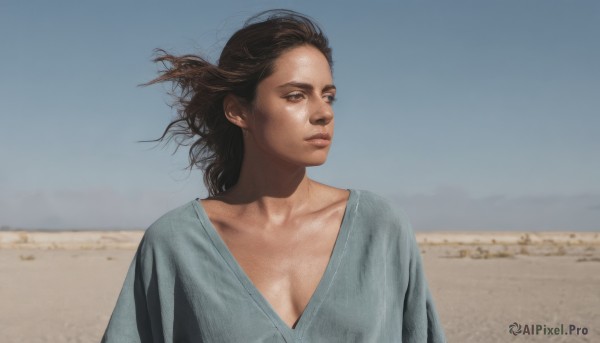 1girl,solo,long hair,breasts,brown hair,shirt,cleavage,brown eyes,medium breasts,closed mouth,collarbone,upper body,small breasts,outdoors,sky,day,blue sky,lips,looking to the side,looking away,wind,messy hair,grey shirt,realistic,nose,sand,looking afar,desert,dark skin,dirty