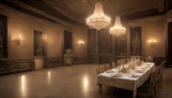 HQ,monochrome,indoors,cup,no humans,chair,table,scenery,plate,drinking glass,reflection,stairs,door,light,lamp,candle,stool,sepia,painting (object),ceiling,carpet,candlestand,ceiling light,chandelier,wooden chair,window,plant,vase