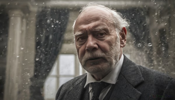 solo,looking at viewer,short hair,shirt,1boy,closed mouth,jacket,white shirt,upper body,white hair,male focus,necktie,collared shirt,indoors,blurry,black eyes,black jacket,window,blurry background,facial hair,formal,suit,curtains,black necktie,beard,snow,snowing,realistic,manly,old,old man,black suit,grey eyes,parody,portrait,serious,mustache,wrinkled skin