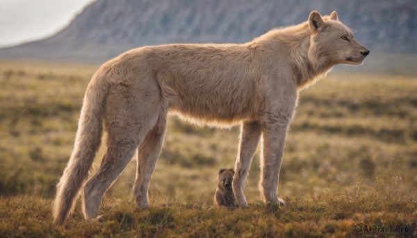 standing,outdoors,day,blurry,black eyes,from side,no humans,profile,depth of field,blurry background,animal,grass,realistic,field,animal focus,lion,closed mouth,full body,sky,signature,nature,scenery,mountain,bear