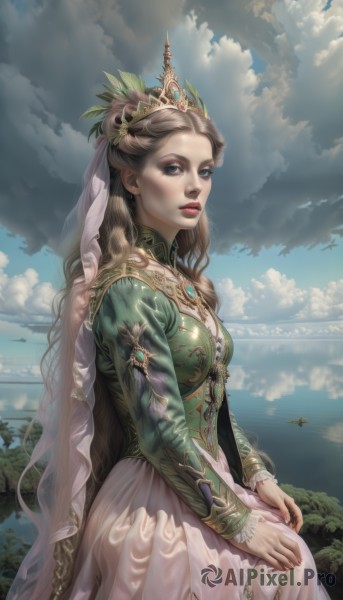 1girl,solo,long hair,breasts,looking at viewer,blue eyes,skirt,blonde hair,brown hair,hair ornament,long sleeves,dress,jewelry,sitting,very long hair,outdoors,parted lips,sky,day,puffy sleeves,cloud,water,tree,blue sky,lips,see-through,makeup,ocean,watermark,wavy hair,sunlight,ring,cloudy sky,tiara,crown,lipstick,gem,veil,eyeshadow,green dress,fantasy,red lips,watercraft,lake,necklace,leaf,feathers,curly hair,realistic,aircraft,boat