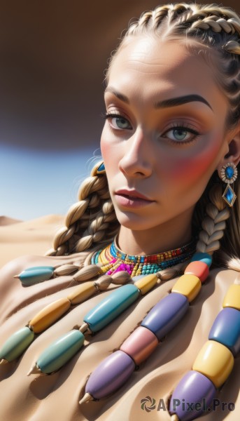 1girl,solo,long hair,looking at viewer,blue eyes,brown hair,black hair,hair ornament,jewelry,closed mouth,green eyes,upper body,braid,multicolored hair,earrings,lying,dark skin,necklace,blurry,twin braids,dark-skinned female,lips,eyelashes,makeup,gem,portrait,forehead,freckles,realistic,nose,dreadlocks,sidelighting,multiple braids,breasts,outdoors,day,artist name,blue sky,thick eyebrows,close-up,pink lips,sand,eyeliner,gold,mascara,desert,tribal