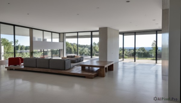 sky,day,cloud,indoors,tree,blue sky,pillow,book,no humans,window,chair,table,plant,curtains,scenery,couch,bush,reflective floor,water,bag,building,desk,reflection,wooden floor,tiles,cityscape,wall,tile floor,school,floor