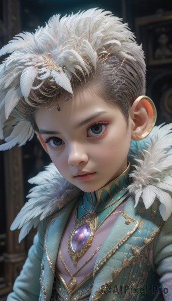 1girl,solo,looking at viewer,short hair,brown hair,hair ornament,1boy,jewelry,closed mouth,upper body,grey hair,male focus,artist name,indoors,necklace,mole,blurry,black eyes,vest,lips,grey eyes,eyelashes,makeup,blurry background,feathers,brooch,gem,portrait,androgynous,freckles,nose,red lips,eyeliner,feather hair ornament,jacket,parted lips,fur trim,realistic,very short hair,feather trim